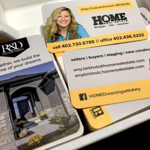 Amy Birkholz and R & D Custom Homes business cards