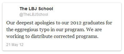 LBJ School tweet with editing error